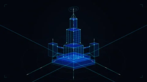 Futuristic tower blueprint with glowing digital data grid animation Stock Footage 347200955