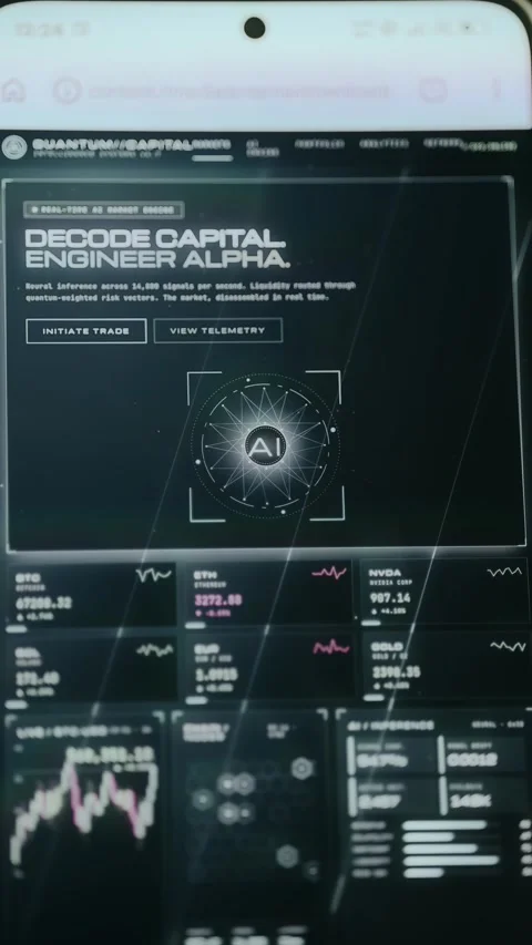 Futuristic trading interface with AI analytics tracking BTC, ETH, and NVDA in Stock Footage 333840554