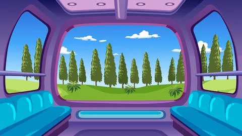 Futuristic Train Cabin Interior with Green Forest Landscape View Illustrazione stock