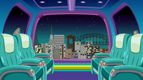 Futuristic Train Cabin Interior with Night City Skyline Vector Illustration Stock Illustration