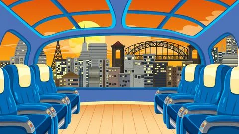 Futuristic Train Cabin Interior Overlooking Sydney Cityscape at Sunset Illustrazione stock