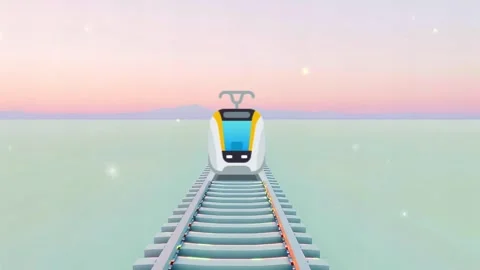 Futuristic Train on Endless Tracks: A 3D Render with a Pastel Sky and Clean Des Stock Footage 317968060
