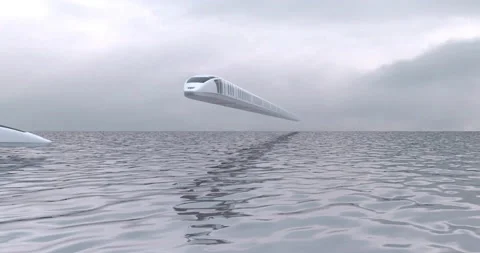 Futuristic train flies over the surface of the water on an air route. Stock Footage