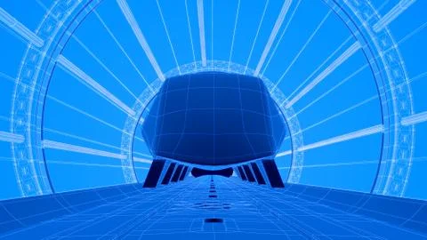 Futuristic train module on magnetic track, blueprint background. 3d rendering Ilustración de archivo