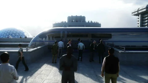 Futuristic train station with monorail and train. traffic of people, crowd 스톡 동영상 145937665