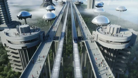 Futuristic train station with monorail and train. traffic of people, crowd 스톡 동영상 145938636