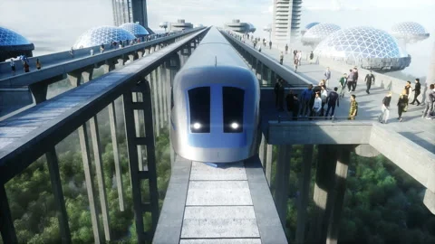 Futuristic train station with monorail and train. traffic of people, crowd 스톡 동영상 145940480