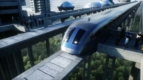 Futuristic train station with monorail and train. traffic of people, crowd 스톡 동영상 145940485