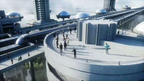 Futuristic train station with monorail and train. traffic of people, crowd 스톡 동영상 145940916