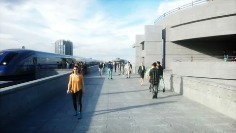 Futuristic train station with monorail and train. traffic of people, crowd 스톡 동영상 145941348