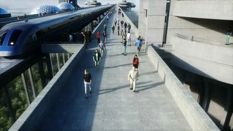 Futuristic train station with monorail and train. traffic of people, crowd 스톡 동영상 145941759