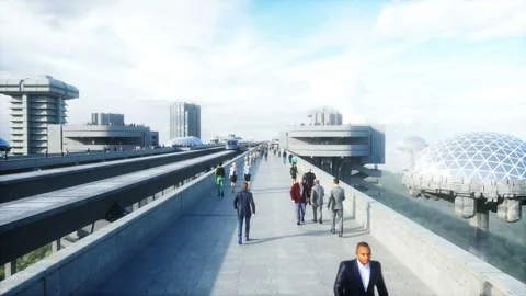 Futuristic train station with monorail and train. traffic of people, crowd 스톡 동영상 145942364