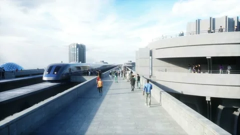 Futuristic train station with monorail and train. traffic of people, crowd 스톡 동영상 145942476