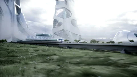 Futuristic train very fast driving. Futuristic city concept. Realistic 4k Stock Footage 202105696
