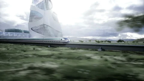 Futuristic train very fast driving. Futuristic city concept. Realistic 4k Stockbeeldmateriaal 202105817