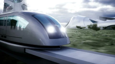 Futuristic train very fast driving. Futuristic city concept. Realistic 4k Video stock 202105946