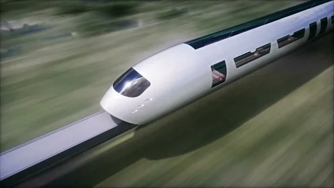 Futuristic train. Very fast driving. Timelapse clouds. Future concept. Stock Footage 245349846