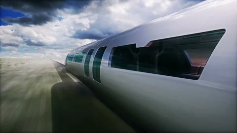 Futuristic train. Very fast driving. Timelapse clouds. Future concept. Video stock 245349901