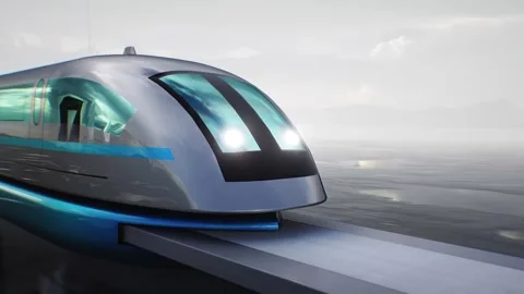 Futuristic train very fast driving on desert stone highway. Stock Footage 304691591