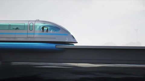 Futuristic train very fast driving on desert stone highway. Vidéo 304691626