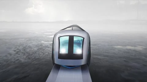 Futuristic train very fast driving on desert stone highway. Vidéo 304691646