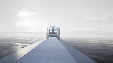 Futuristic train very fast driving on desert stone highway. 動画素材 304691666