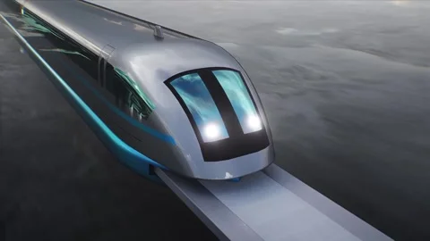 Futuristic train very fast driving on desert stone highway. Video stock 304691682