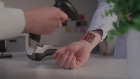 Futuristic Transaction with a QR Code on the Inside of a Man's Wrist Video stock 208797986