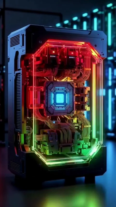 Futuristic transparent computer system with colorful neon lights enhancing .. Stock Footage 320811081