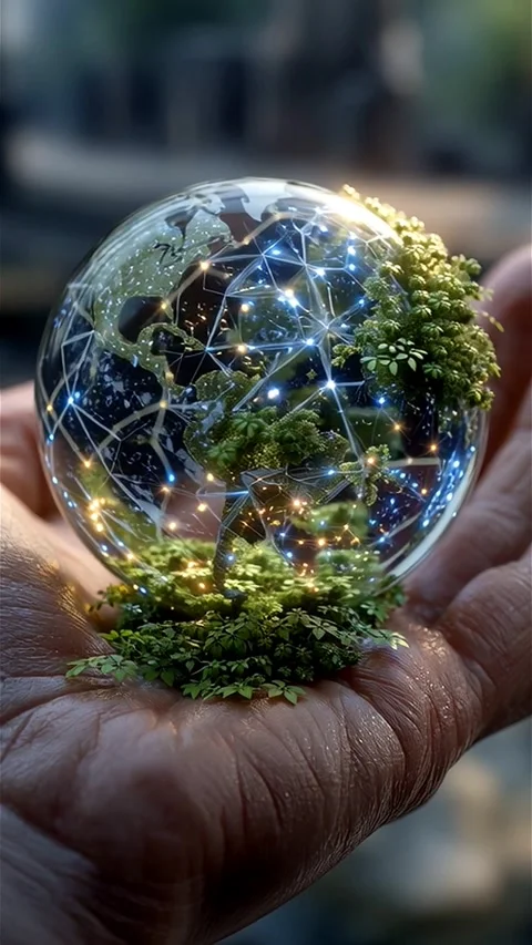 Futuristic transparent globe in human hand representing sustainability and envir Stock Footage 313168994