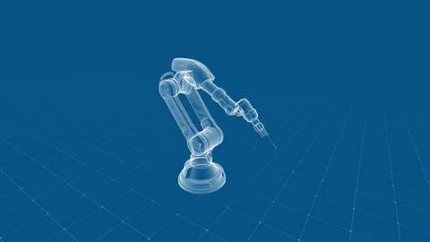 Futuristic Transparent Robotic Arm on Grid Background in Blue Stock Illustration