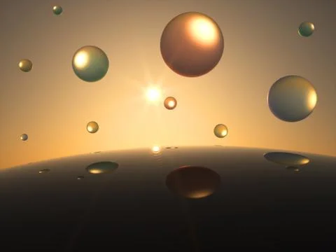 Futuristic transparent spheres in front of the sun Stock Illustration