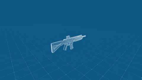 Futuristic Transparent Weapon Design in Blue Grid Background Visualization Stock Footage 342292159