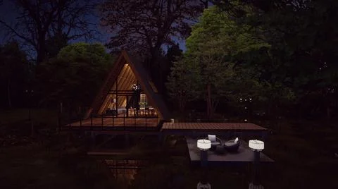 Futuristic triangle house design concepts lake forest background for camp nig Stock Illustration