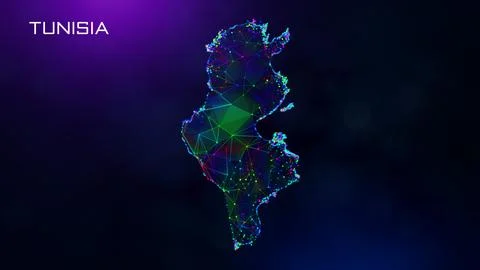 Futuristic Tunisia Map Polygonal Connected Lines And Dots Network Wireframe  Illustrazione stock