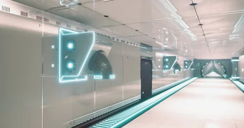 Futuristic tunnel corridor featuring glowing technology elements and walls Stock Footage 320143429