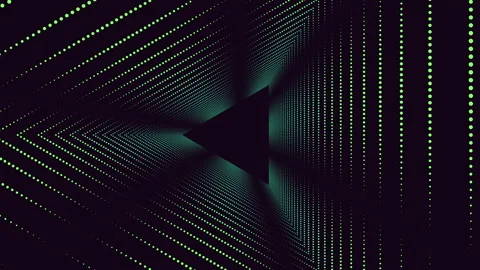 Futuristic tunnel of glowing dots forming abstract triangular light corridor Stock Footage 334138426