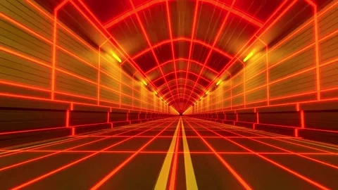 Futuristic tunnel of red light rays digital background. Abstract glowing neon gr Stock Footage 334274804