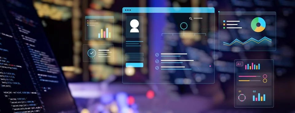 Futuristic UI dashboard with data analytics, charts and user profile. Busines Stock Photos