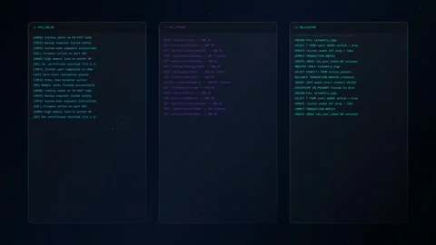 Futuristic UI Dashboard with Scrolling Code and System Logs on Dark Background Stock Footage 344829972