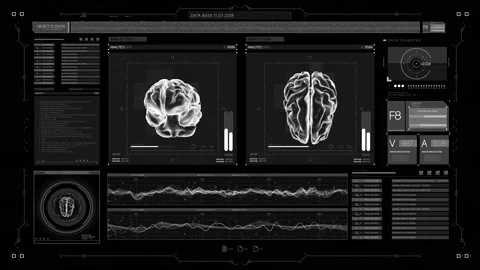 Futuristic UI HUD Head up display medical screen with 3d brain illustrations. Stock Footage 147576840