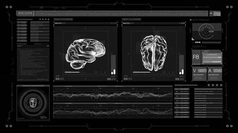 Futuristic UI HUD Head up display medical screen with 3d brain illustrations. Stock Illustration