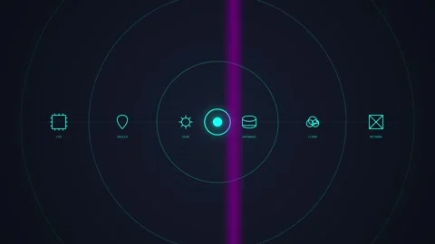 Futuristic UI Interface with Glowing Icons and Orbiting Planets on Dark Bac.. Stock Footage 348415152