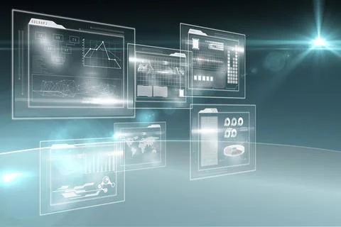 Futuristic UI panels are floating and showing graphs, network diagrams, readouts Stock Illustration