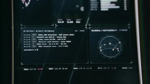 Futuristic UI System Event Stream with security alerts and financial data Stock Footage 333840471