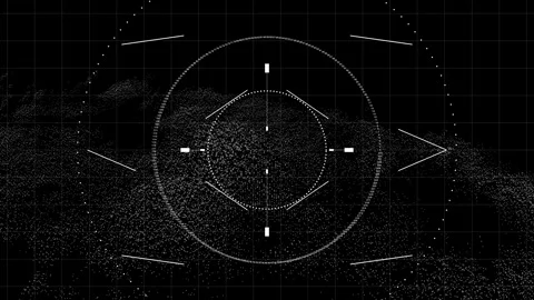 Futuristic UI UX Targeting Overlay with Point Cloud Data Visualization Stock Footage 333860044