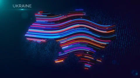 Futuristic Ukraine Map With Neon Waves And Country Text Stock Illustration