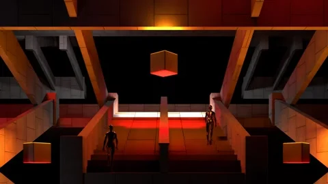 Futuristic Underground Station Stairs with Glowing Steps and Walking Figures Stock Footage 346780665