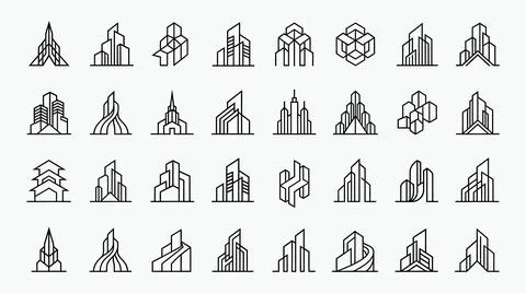Futuristic urban architecture icons for tech and city firms. Illustrazione stock