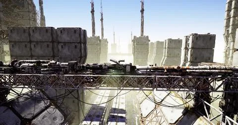 Futuristic urban landscape with advanced tech under a clear sky 스톡 일러스트